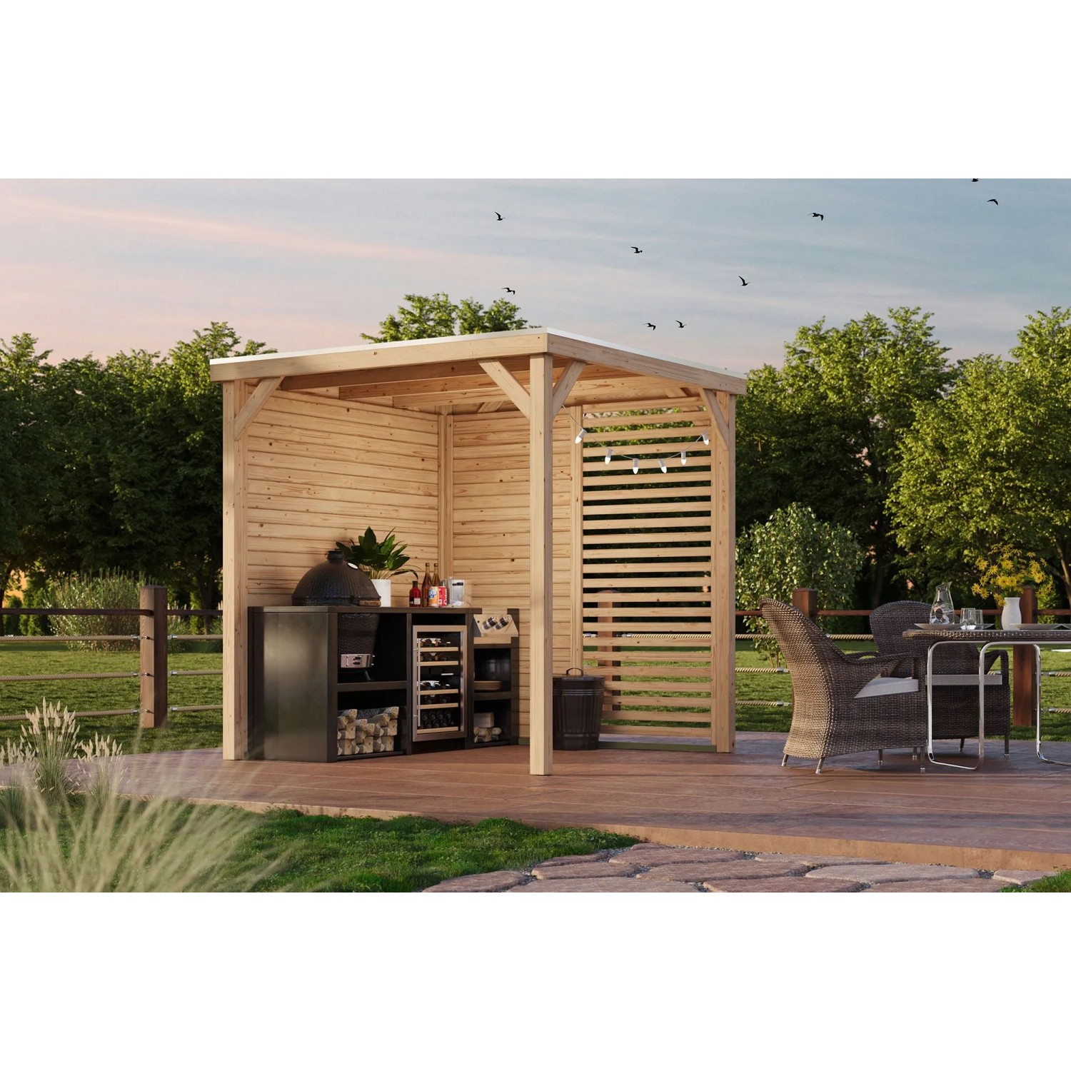 Karibu Pavillon Kvadrat aus Fichte mit Holzdach, 243x231x231 cm, mit Grill und Sitzgruppe