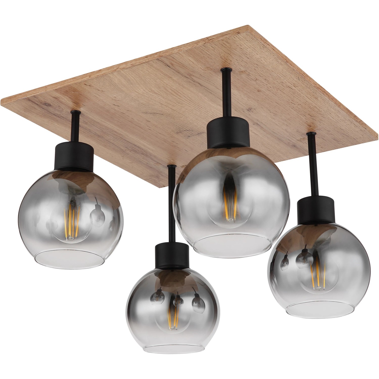 Moderne Globo Deckenleuchte Moitas mit 4 Rauchglas-Lampen und schwarzem Metallrahmen.