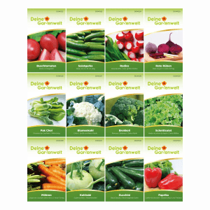 Deine Gartenwelt Gemüse Samen-Set: 12 Päckchen mit farbigen Bildern von Tomaten, Gurken, Radieschen, Möhren.