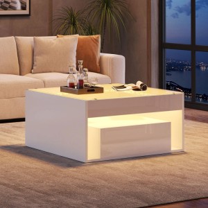 Weißer Hochglanz Couchtisch (70x70x35cm) mit LED-Beleuchtung, Glasplatte und Schubladen. Modernes Design.