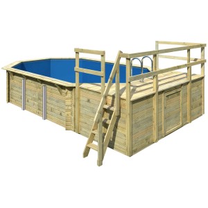 Karibu Holzpool Set mit drei Sonnenterrassen, Leiter und Filteranlage.