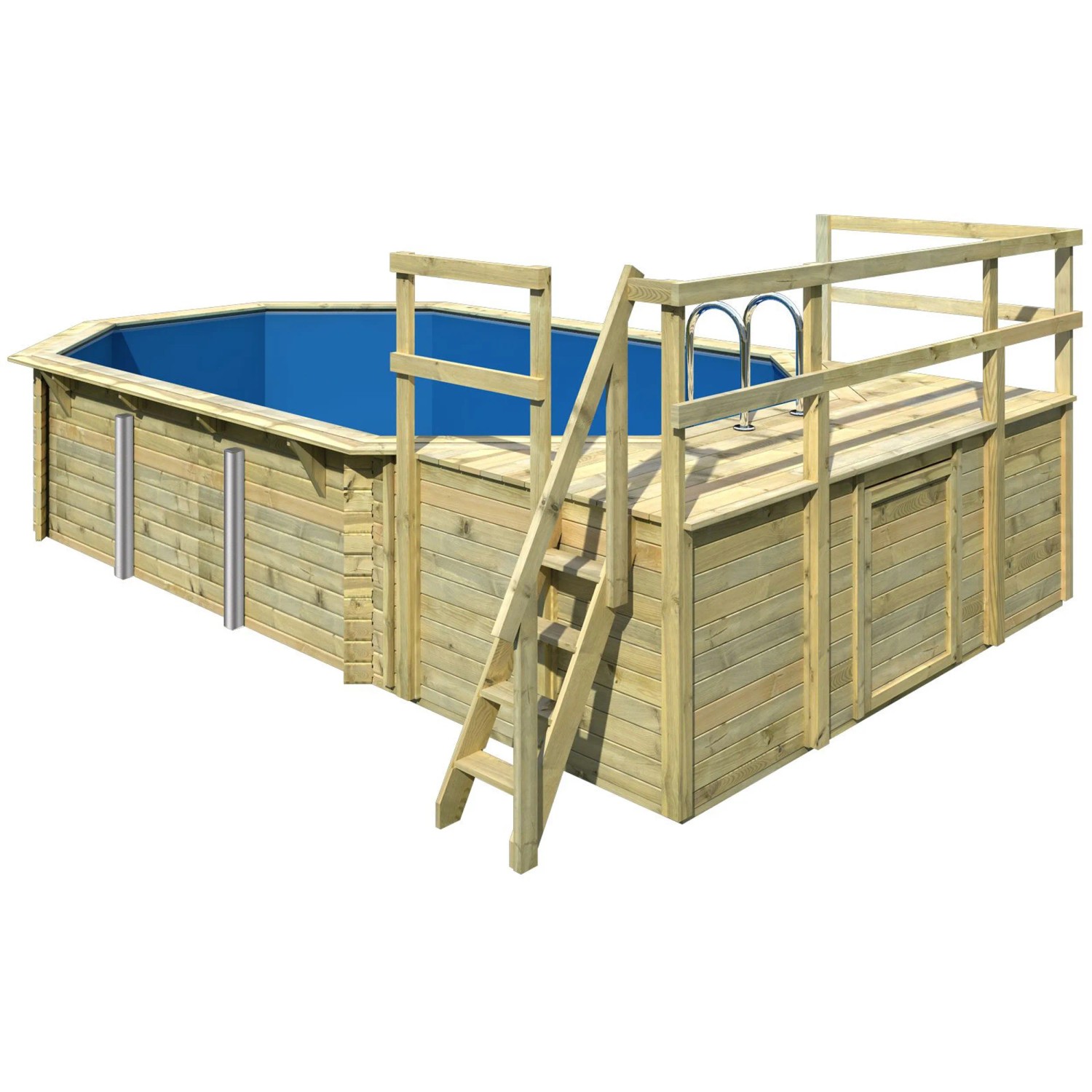 Karibu Holzpool Set mit drei Sonnenterrassen, Leiter und Filteranlage.