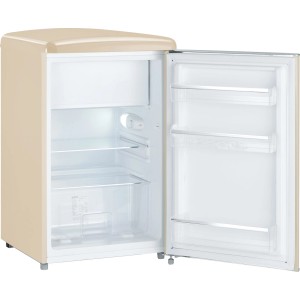 Offener Severin Tischkühlschrank RKS 8833 im Retro-Design, creme, mit Innenraum und Ablagen.