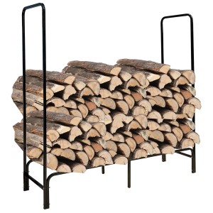 Schwarzes NYVI Kaminholzregal aus Metall, gefüllt mit Holzscheiten, inklusive Abdeckung.