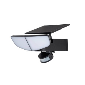 Schwarze Lindby LED Solar-Wandleuchte Naelin mit Bewegungsmelder und zwei Leuchten.