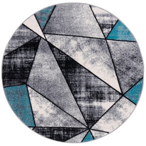 Runder, blauer Designer Teppich Brilliant Magic mit geometrischem Muster, 200cm Durchmesser.