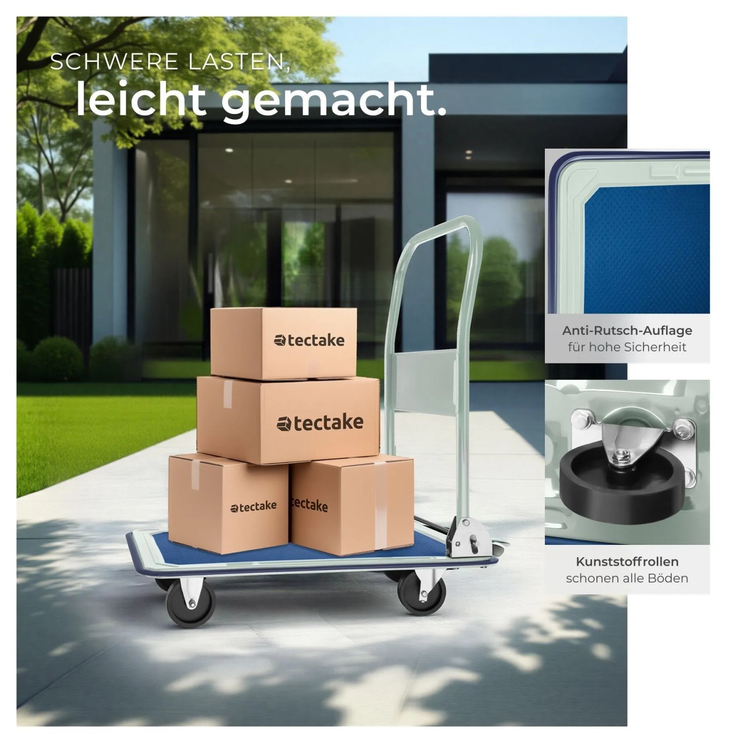 Weißer Tectake Plattformwagen mit Kartons vor Haus, klappbarer Handgriff, 2 Block- und 2 Drehrollen.