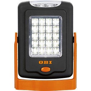 OBI Arbeitsleuchte mit 23 LEDs, schwarz-orange, mit drehbarem Haken und Magnetfuß.