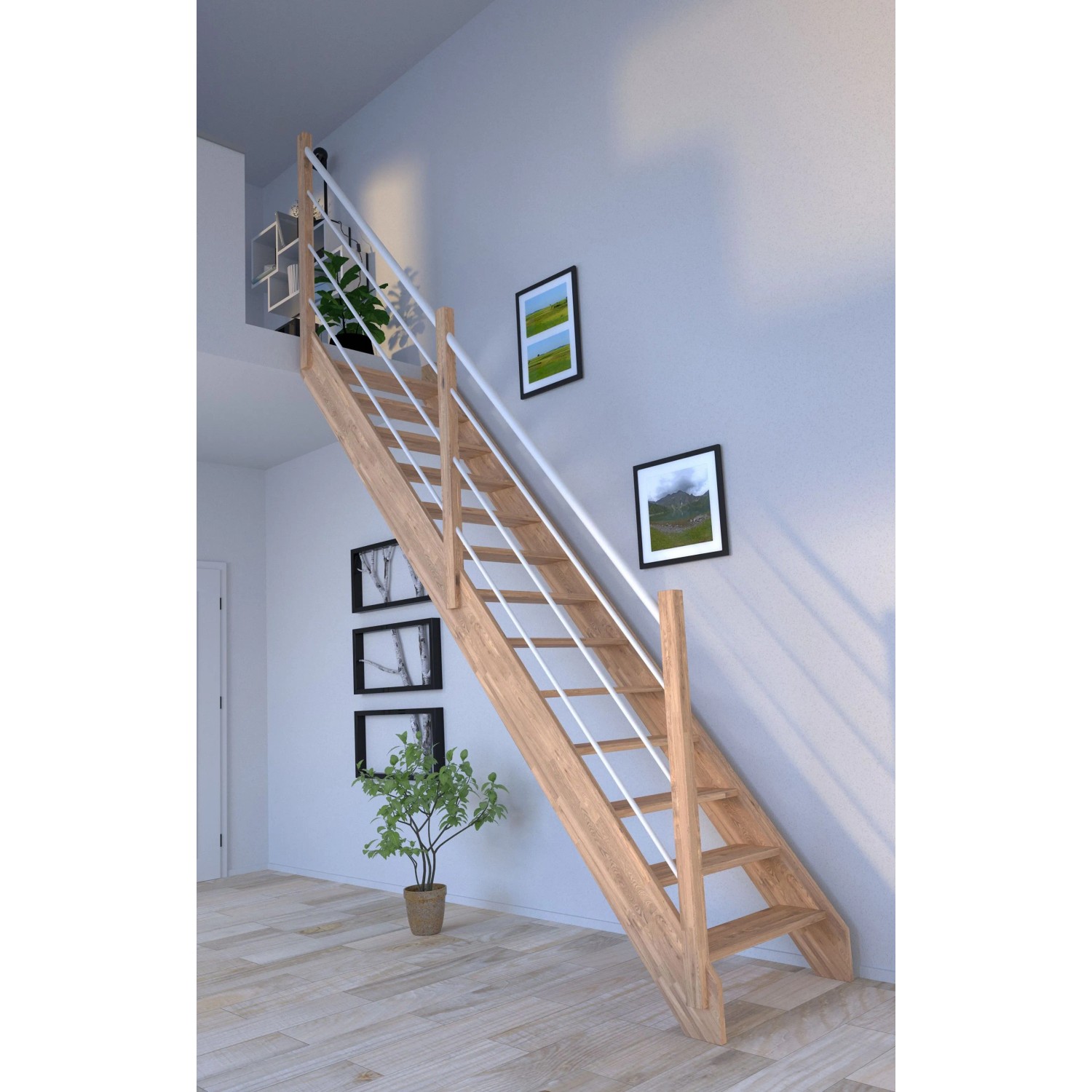 StarWood Treppe Rhodos Eiche mit weißem Holz-Edelstahl-Geländer, gerade, offene Bauweise.