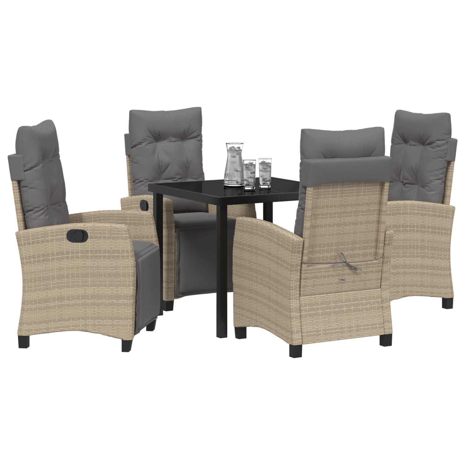 Beige 5-tlg. Garten Essgruppe aus Poly Rattan mit Tisch und 4 Stühlen.