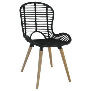 Schwarzer Furnicato Esszimmerstuhl aus Rattan mit Holzbeinen, 2er-Set.