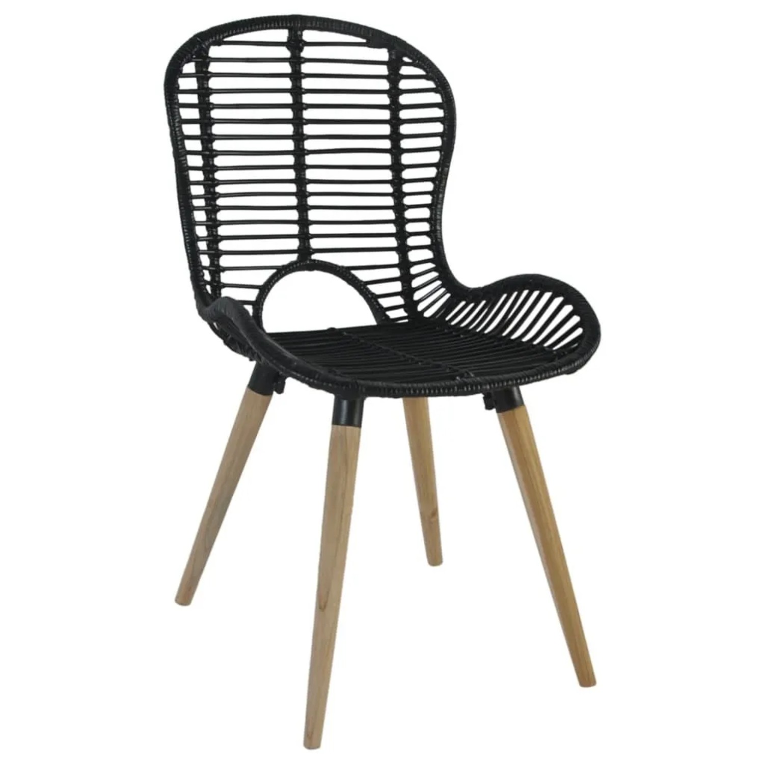 Schwarzer Furnicato Esszimmerstuhl aus Rattan mit Holzbeinen, 2er-Set.