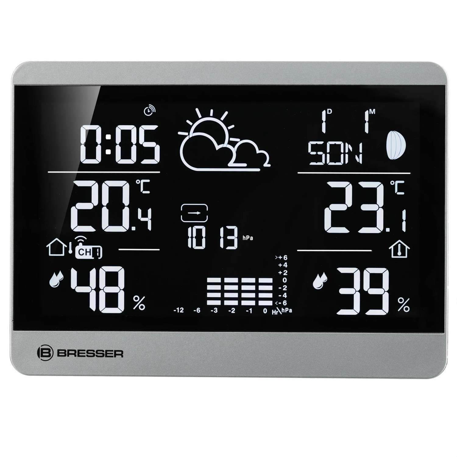 Bresser ClimateTemp NDH-NEO Funk-Wetterstation in Silber-Schwarz mit digitaler Anzeige von Wetterdaten.