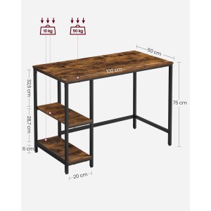 Vasagle Schreibtisch in Braun-Schwarz mit 2 Ablagen, 100x50x75cm, ideal fürs Home-Office.