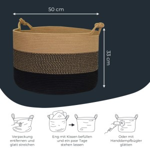 HMF 39014-50CM-81 Aufbewahrungskorb Glücksknoten-Griffen Großer Korb Baumwolle 50 x 33 cm Schwarz-Honig