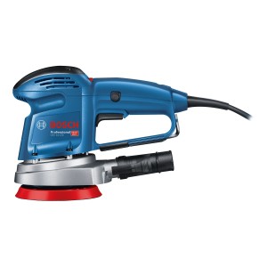 Blauer Bosch Professional Exzenterschleifer GEX 34-125 mit Schleifteller und Schleifblatt.