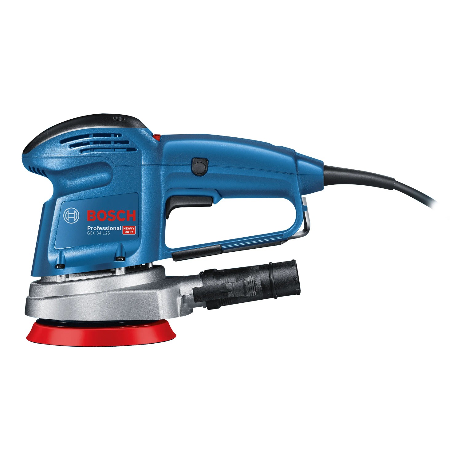 Blauer Bosch Professional Exzenterschleifer GEX 34-125 mit Schleifteller und Schleifblatt.