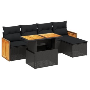 Schwarze 6-tlg. vidaXL Garten-Sofagarnitur aus Rattan mit Tisch und Kissen.