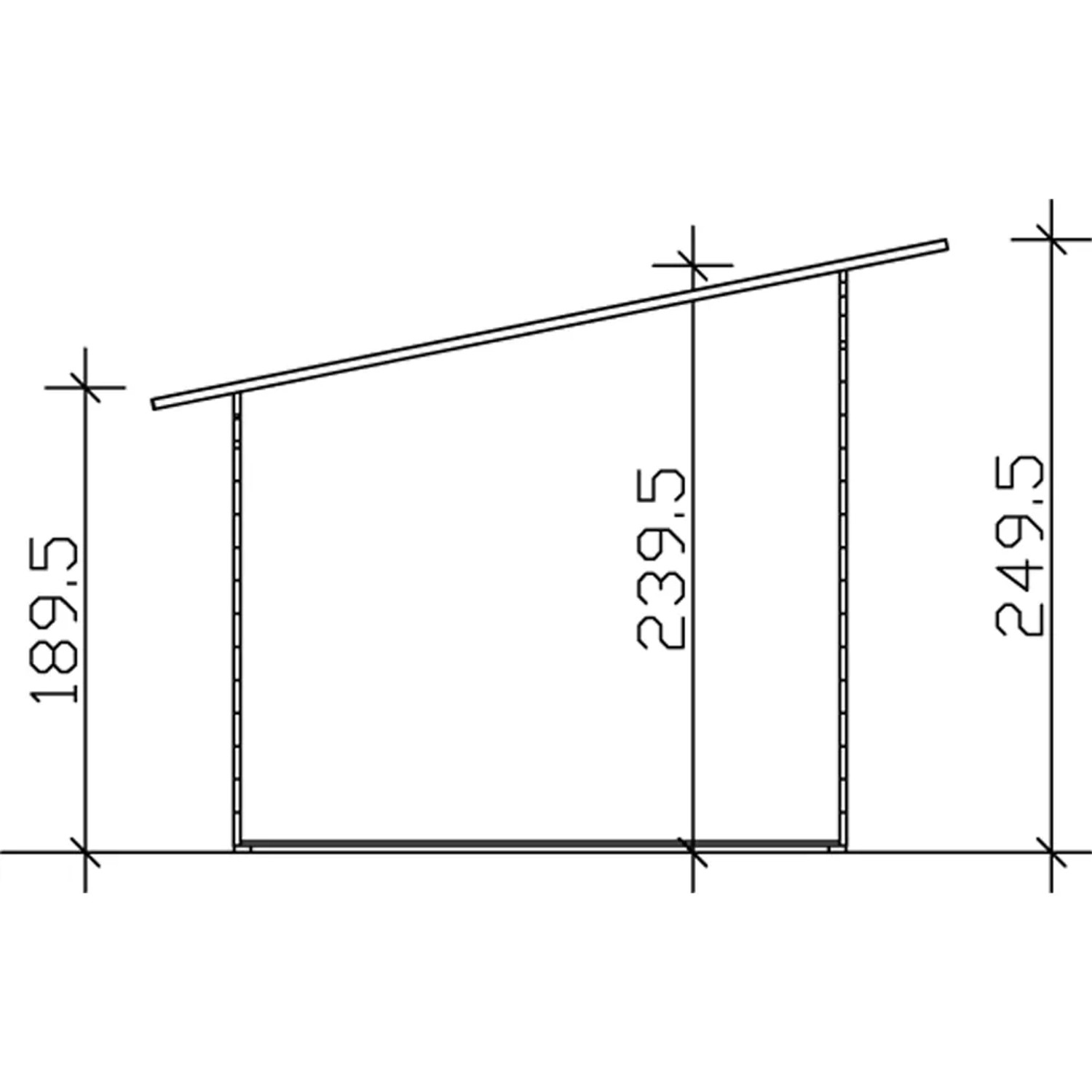 Skizze des Skan Holz Gartenhauses Ostende, Seitenansicht mit Maßangaben.