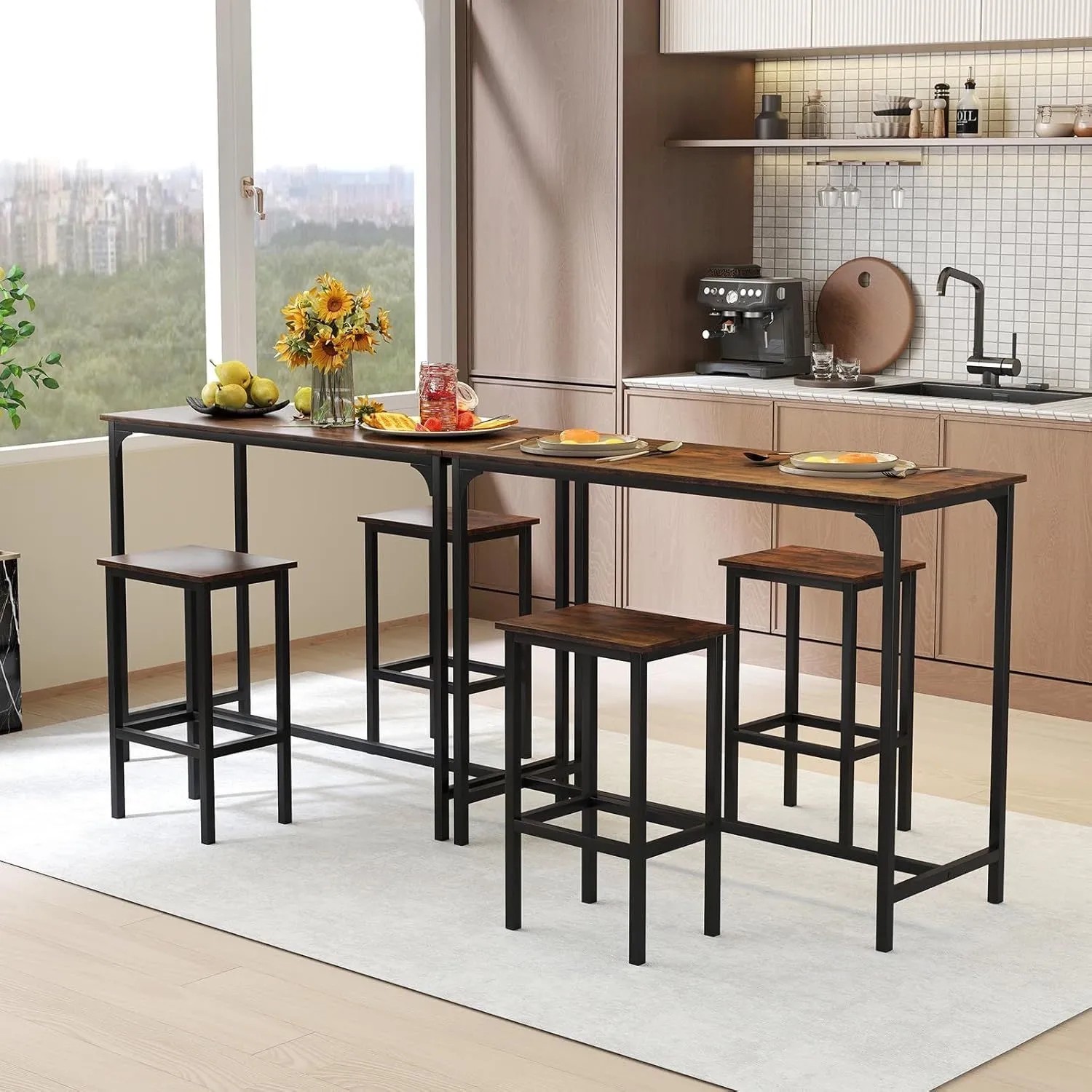 Costway Bartisch mit Barhocker mit Fußstütz Set Vintage Braun_2