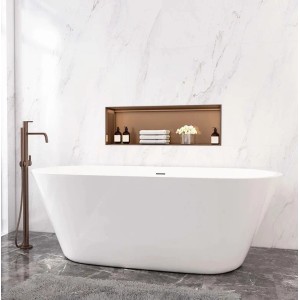 Freistehende, ovale Acryl Badewanne (170x80cm) mit Siphon im modernen Bad.