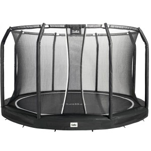 Schwarzes Salta Premium Ground Trampolin, ø 396 cm, für den ebenerdigen Einbau im Garten.