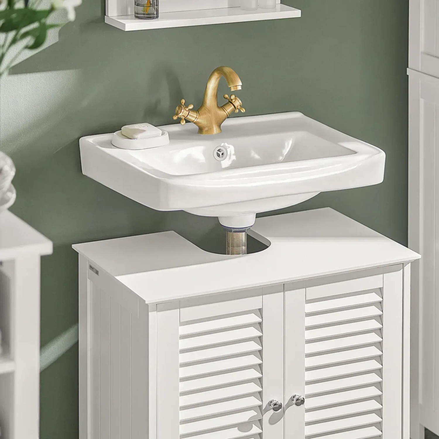SoBuy Waschbeckenunterschrank FRG237-W, weiß, mit Lamellentüren. Badschrank für Waschbecken.