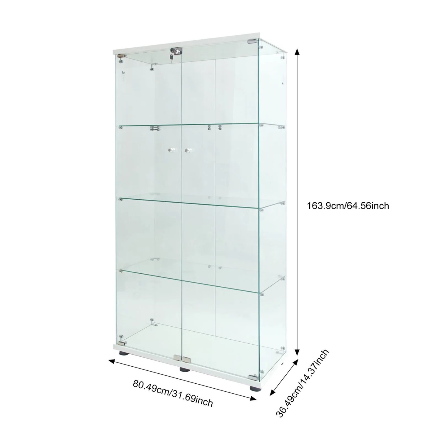 PXloue Vitrinenschrank mit LED-4 Lagen Glasvitrine mit 2 Glastür in Weiß-80x36x164cm