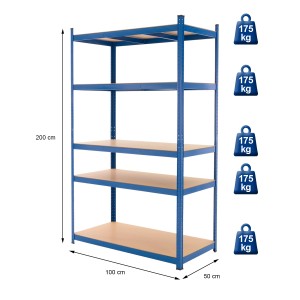 2er Set blaues Werkstattregal (200x100x50 cm) aus pulverbeschichtetem Metall mit 5 Böden.