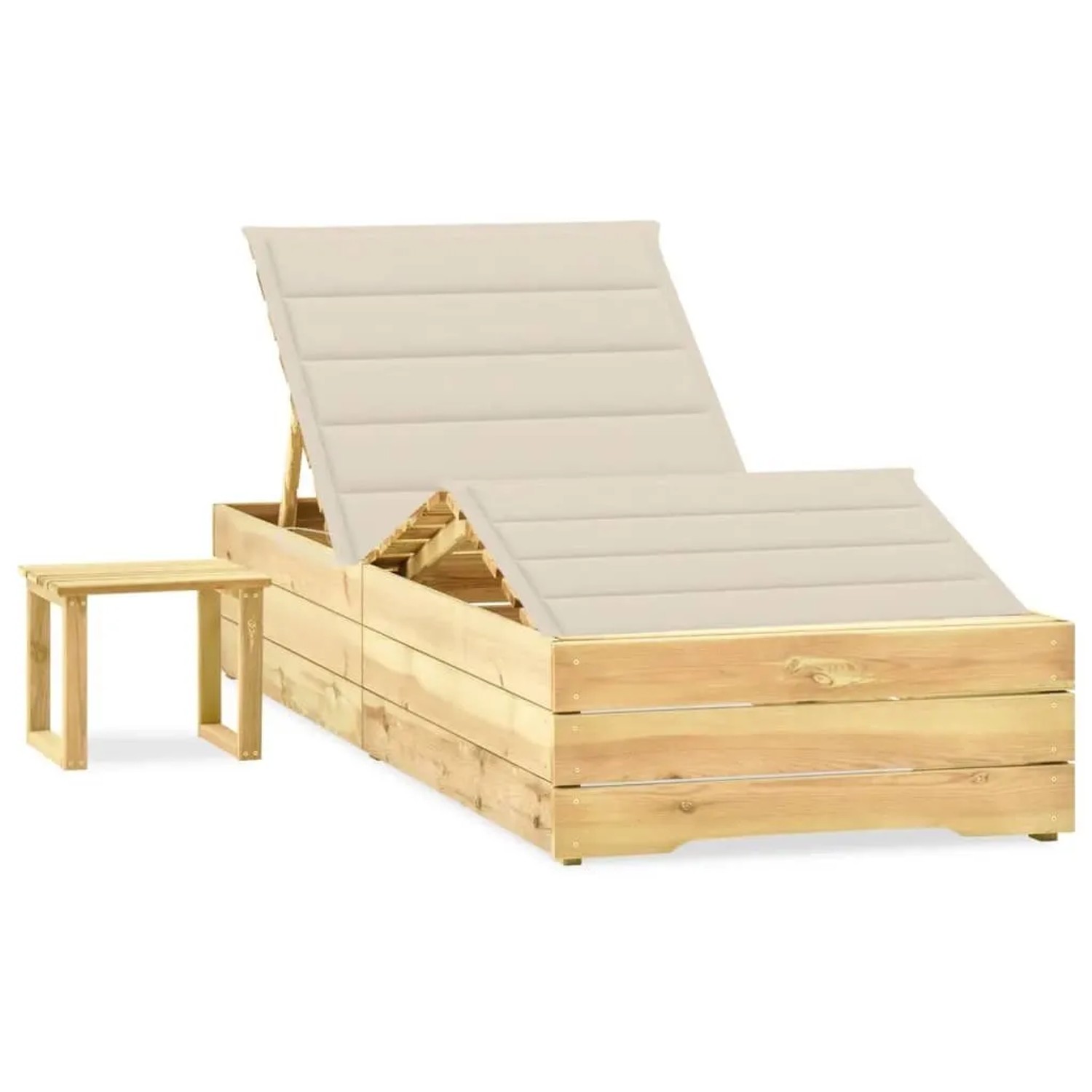 Furnicato Garten-sonnenliege Aus Imprägniertem Kiefernholz Mit Tisch Und Cremeweißem Kissen 198x90x 30-75  Cm