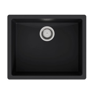 Schwarze Carea Einbauspüle Modula aus Granit mit rundem Abfluss.