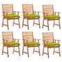 Set aus 6 Gartenstühlen aus Akazienholz mit hellgrünen Kissen.