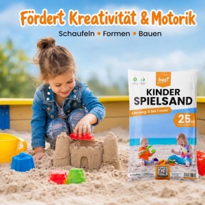 Mädchen baut Sandburg im Sandkasten mit best for kids Spielsand. Bunte Sandförmchen, 25 kg Sack Quarzsand.