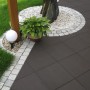 Diephaus Terrassenplatten Finessa in Schwarz-Basalt auf einer Gartenterrasse mit Dekoration.