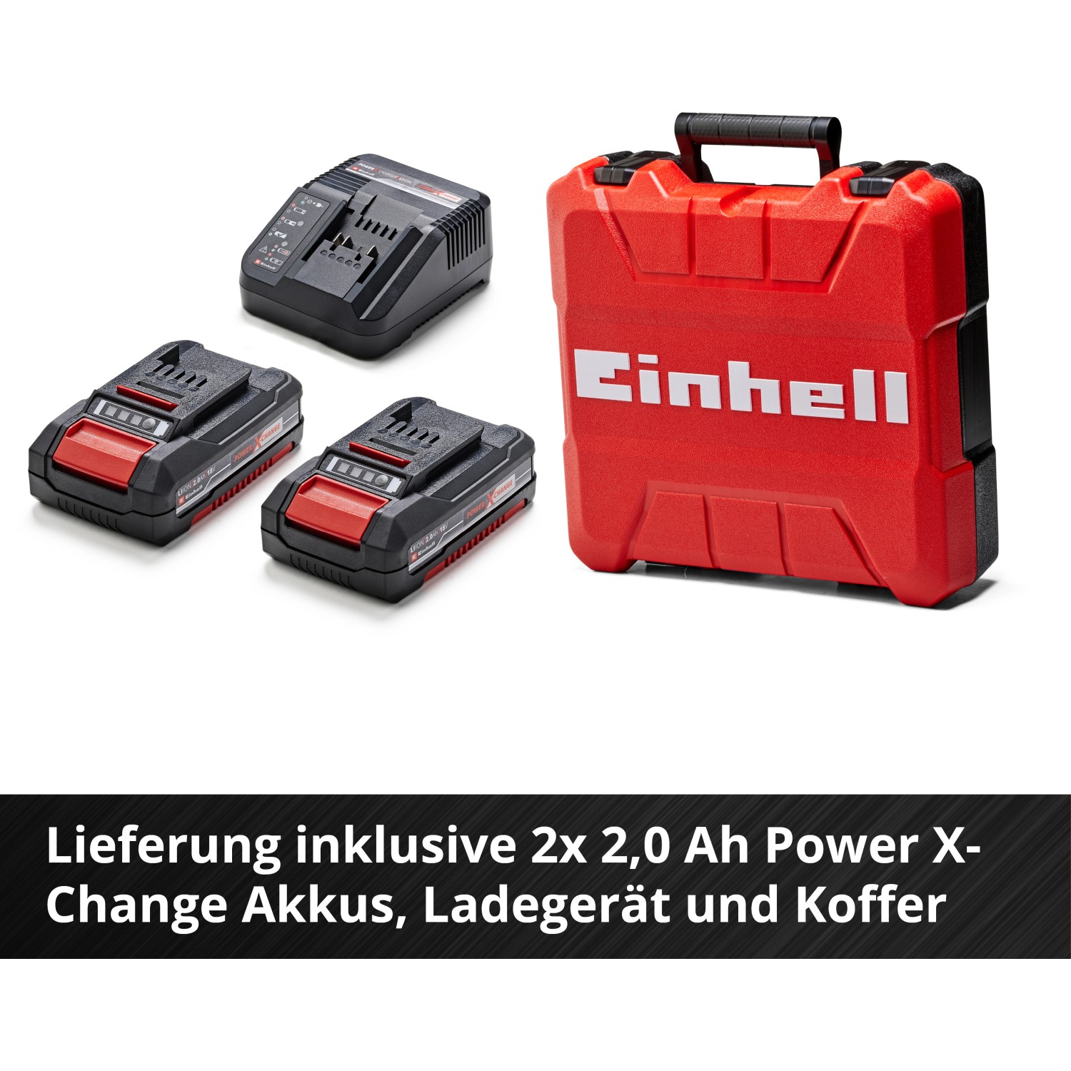 Einhell Akku-Schlagbohrschrauber Power X-Change Zubehör: 2 Akkus, Ladegerät und Koffer.