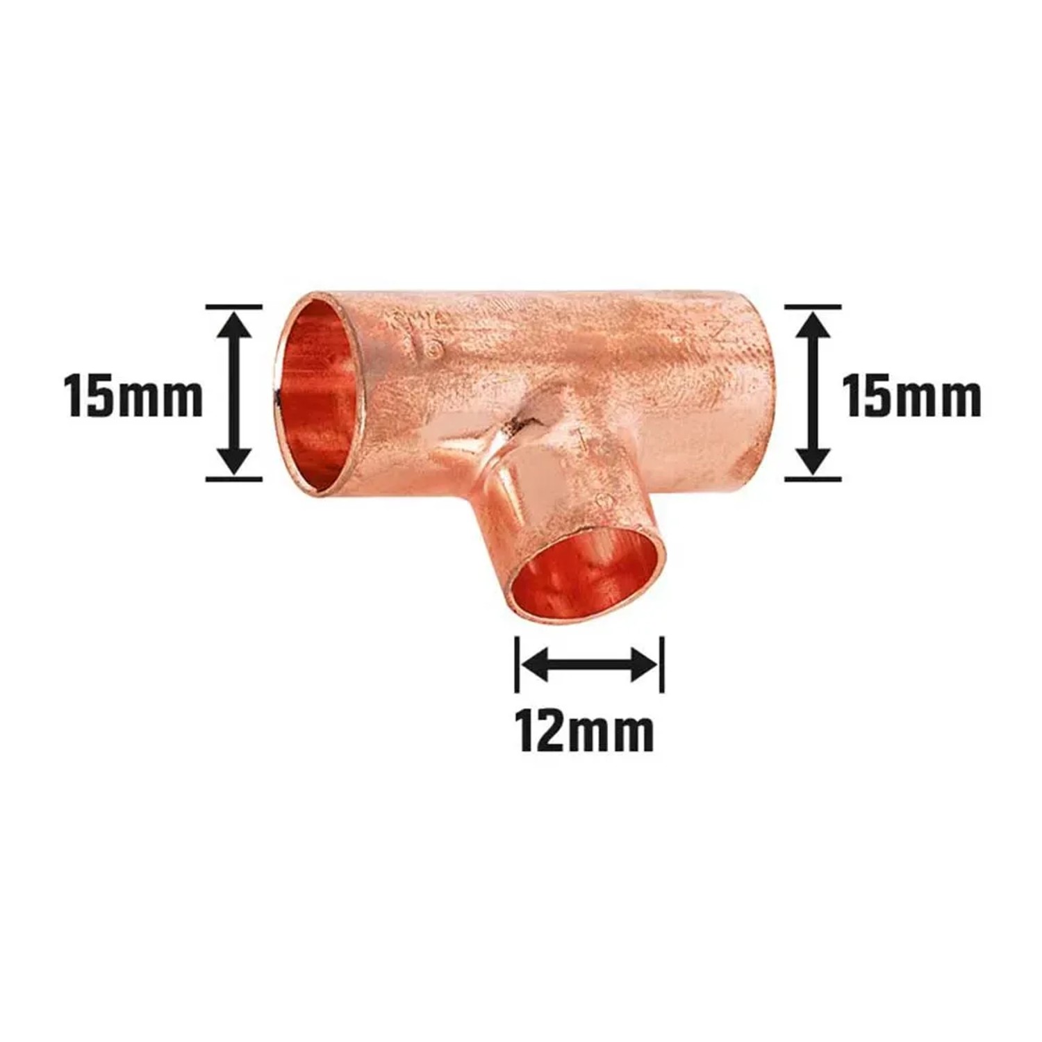 Löt-Reduzier-T-Stück aus Kupfer, 15 mm x 12 mm x 15 mm, für Kupferrohr-Installationen.