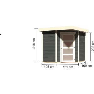 Karibu Holz-Gartenhaus, terragrau lackiert, mit Maßangaben. Kompaktes Gartenhaus für Geräte und Gartenmöbel.