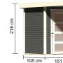 Karibu Holz-Gartenhaus, terragrau lackiert, mit Maßangaben. Kompaktes Gartenhaus für Geräte und Gartenmöbel.