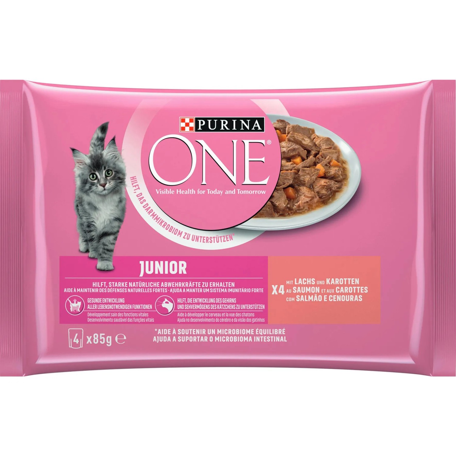 Purina One Katzenfutter Junior mit Lachs und Karotten in Sauce 4x85 g