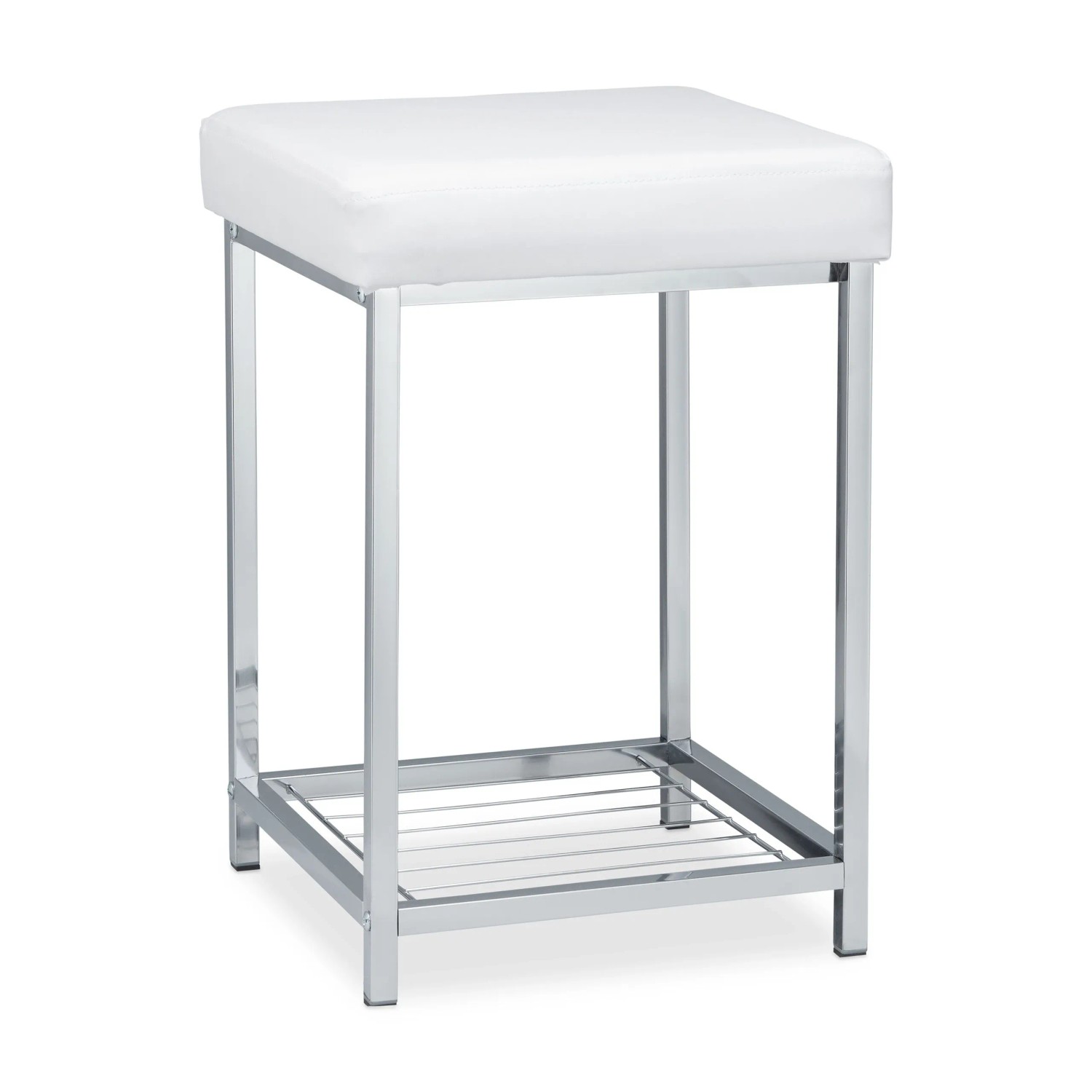 Relaxdays Polsterhocker Eisen Kunstleder Weiß Chrom mit Ablage Bodenschonend 47 cm x 33 cm x 33 cm 2,6 kg