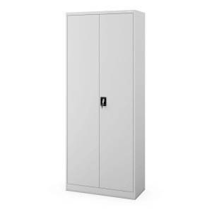 Jan Nowak Metallschrank JAN H2200, 220 cm hoch, grau, mit abschließbaren Türen für Büro und Werkstatt.
