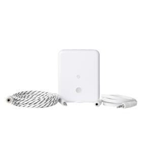 Shelly Flood Gen4 Wassersensor in Weiß mit Leck-Sensorkabel für Hausautomation.