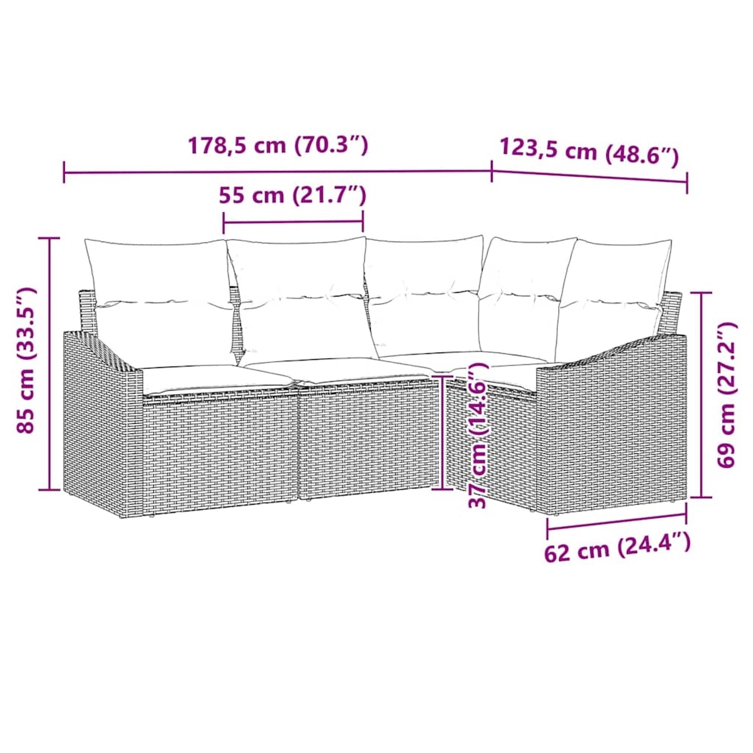 vidaXL Garten-Sofa-Set, 4-teilig, braunes Poly Rattan, Abmessungen: 178,5x123,5x85 cm.