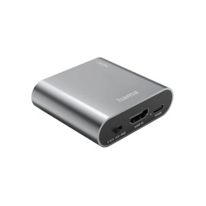 Silberner Hama HDMI-Audio-Extractor AE90 mit HDMI-Eingang, USB-C-Anschluss und Audio-Modus-Schalter. Computer-Zubehör.