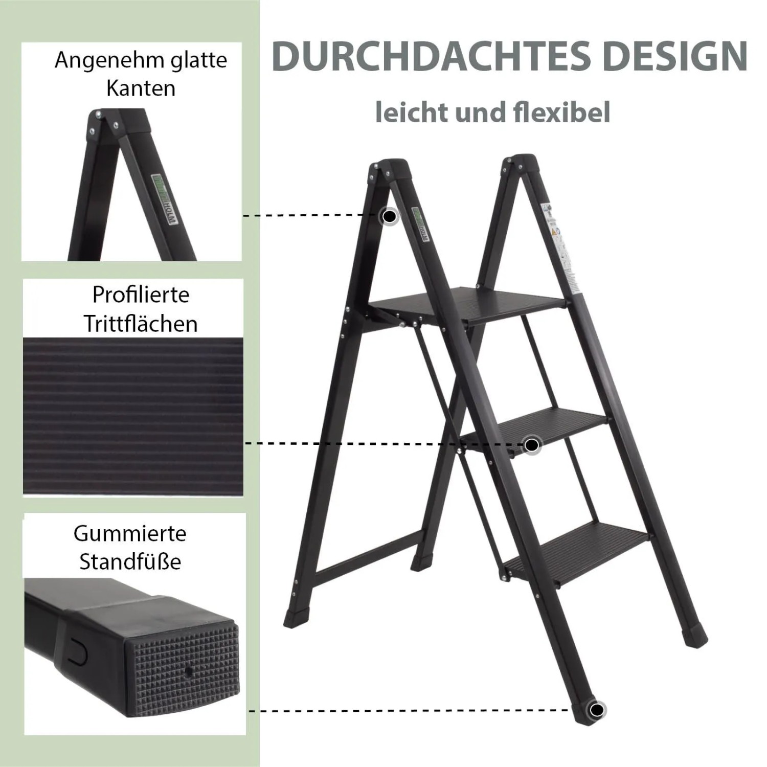 Schwarze TRUTZHOLM Alu Trittleiter mit 3 Stufen, klappbar und rutschfest.