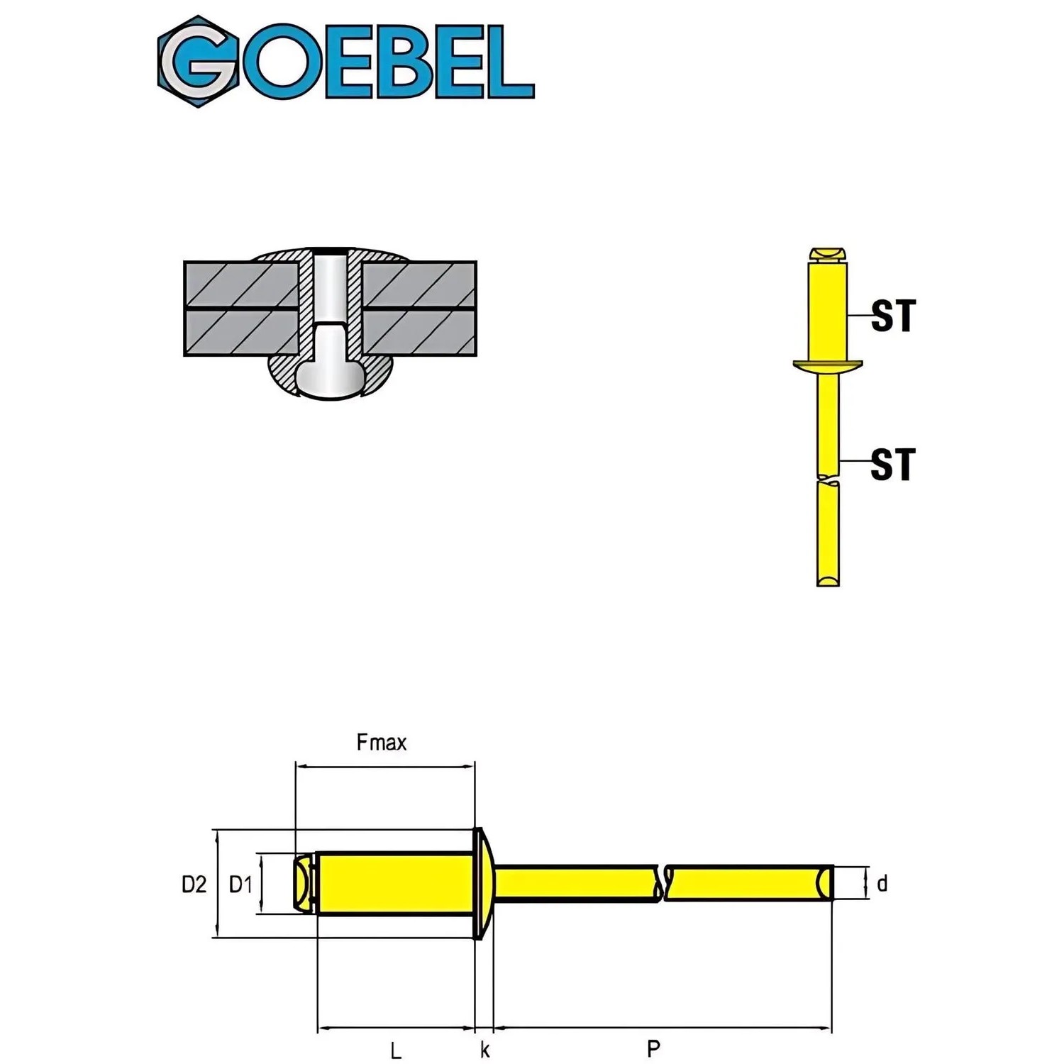 GOEBEL Blindniete Stahl 4,8x18 mm, Flachkopf nach ISO15979. Niete für Zangen, gelb.