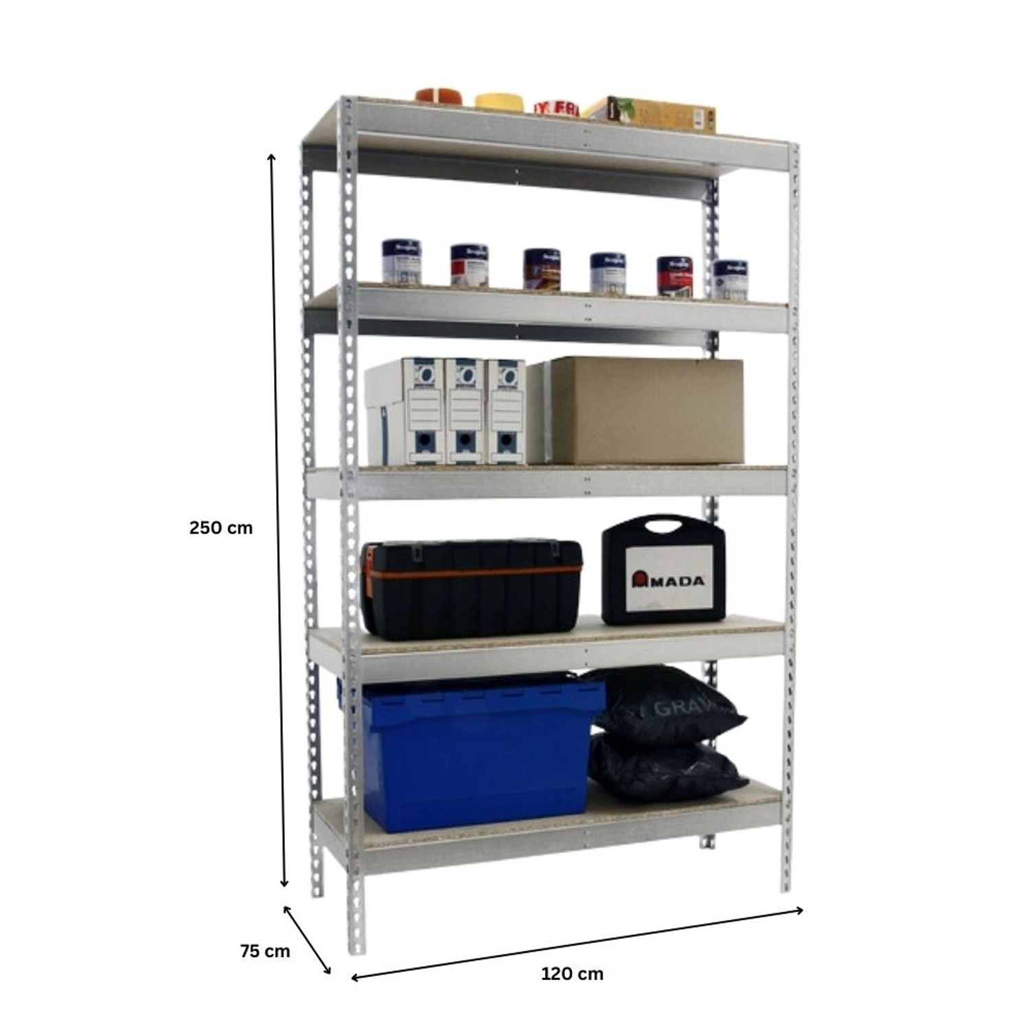 Verzinktes PROREGAL Schwerlastregal Giant Wood Yeti mit fünf Böden, 250x120x75 cm, Fachlast 400 kg.