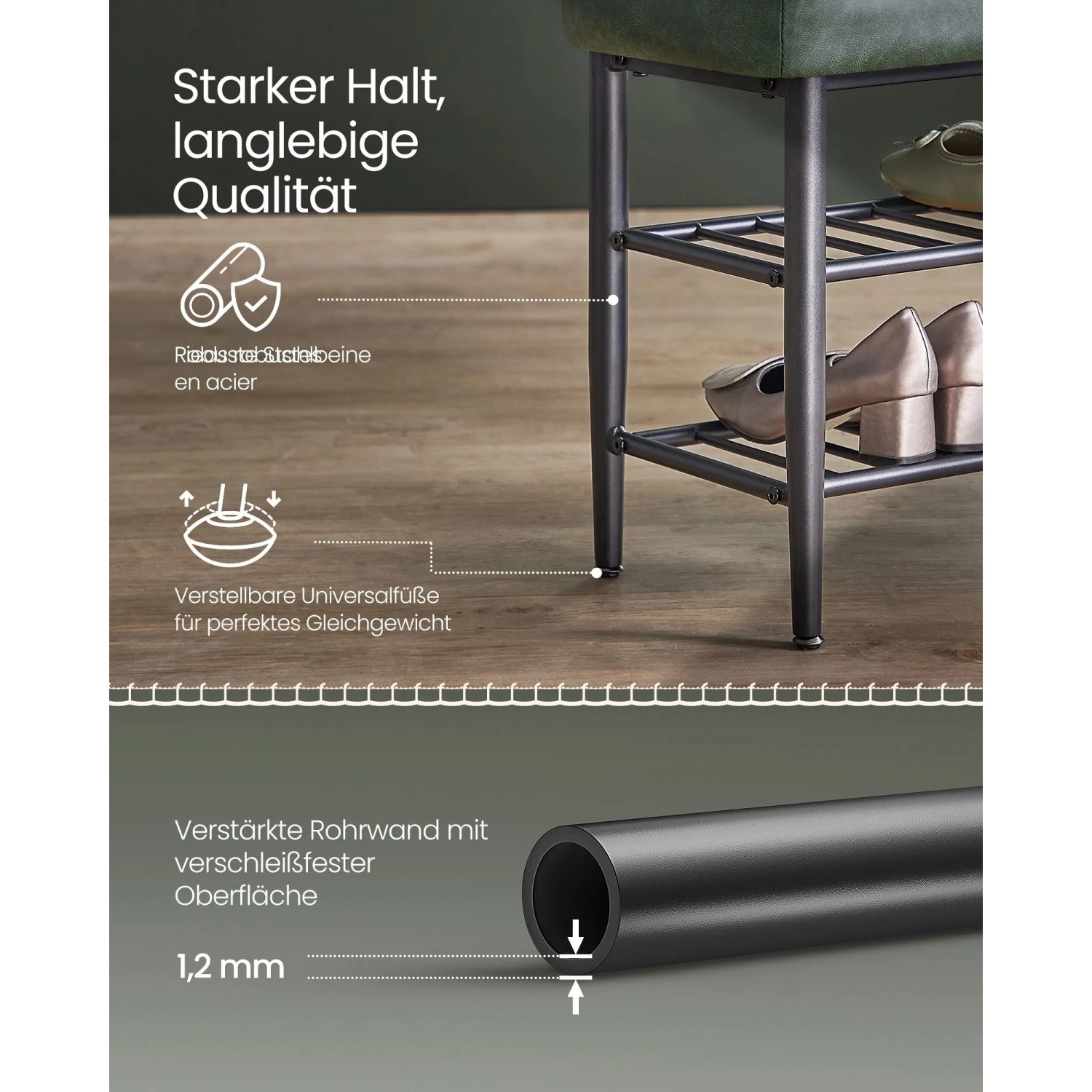 Detailaufnahme: Vasagle Schuhbank, grün, mit Stahlgestell und Schuhablagen. Fokus auf Materialstärke und verstellbare Füße.