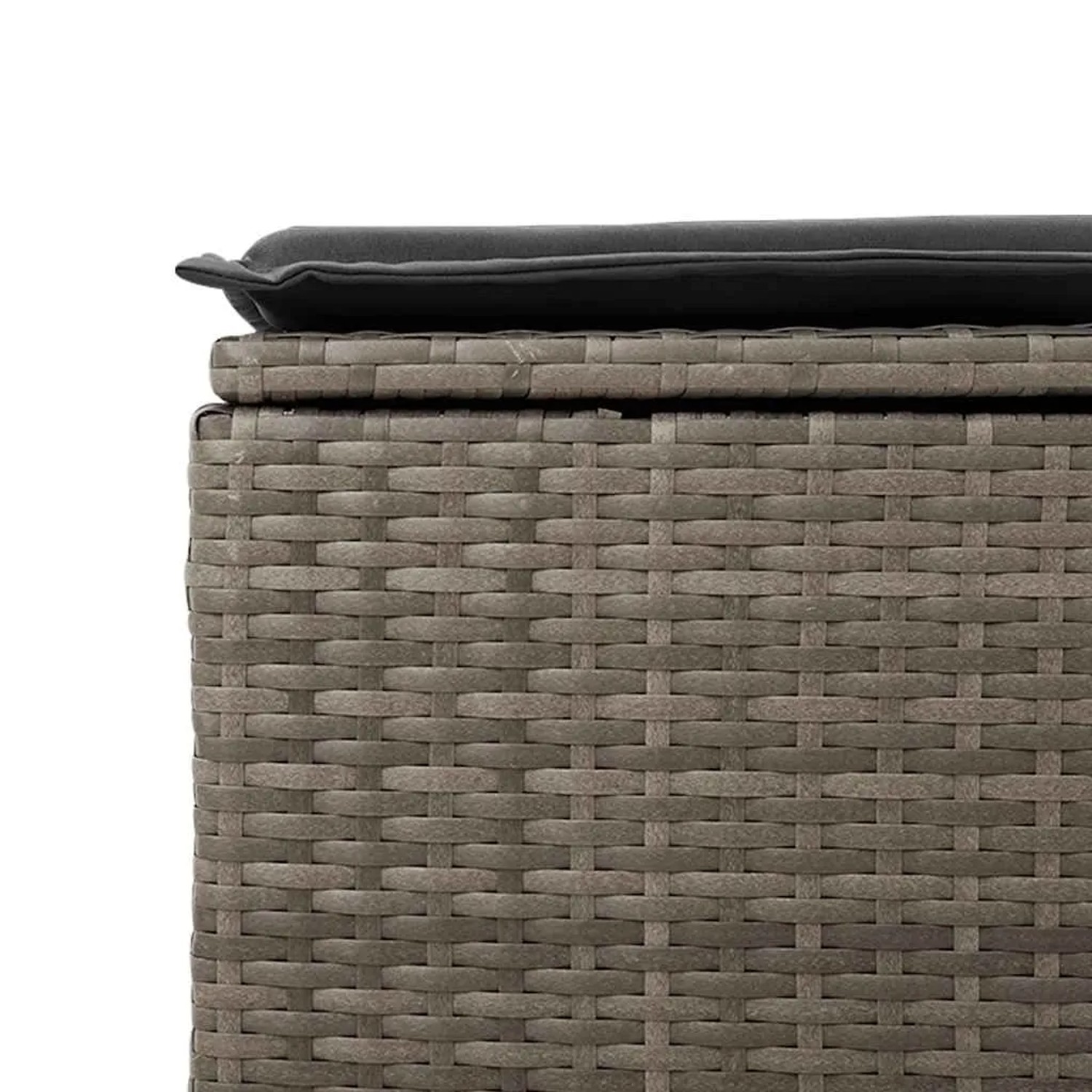 Detailaufnahme eines grauen Gartenmöbel-Hockers aus Polyrattan mit dunklem Kissen, Teil der vidaXL Sofagarnitur.