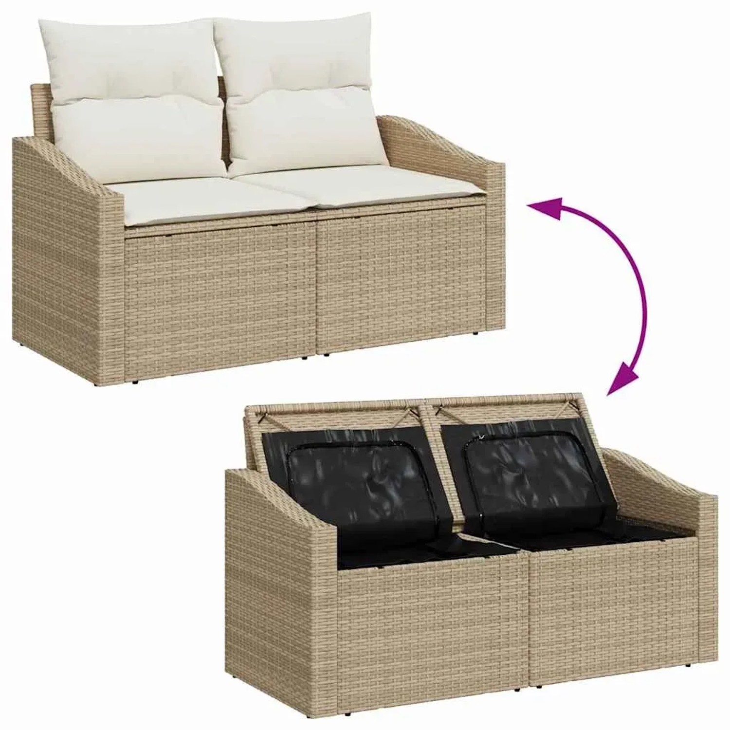8-teiliges Garten-Sofa-Set aus Poly Rattan in Beige mit Stauraum und Kissen.